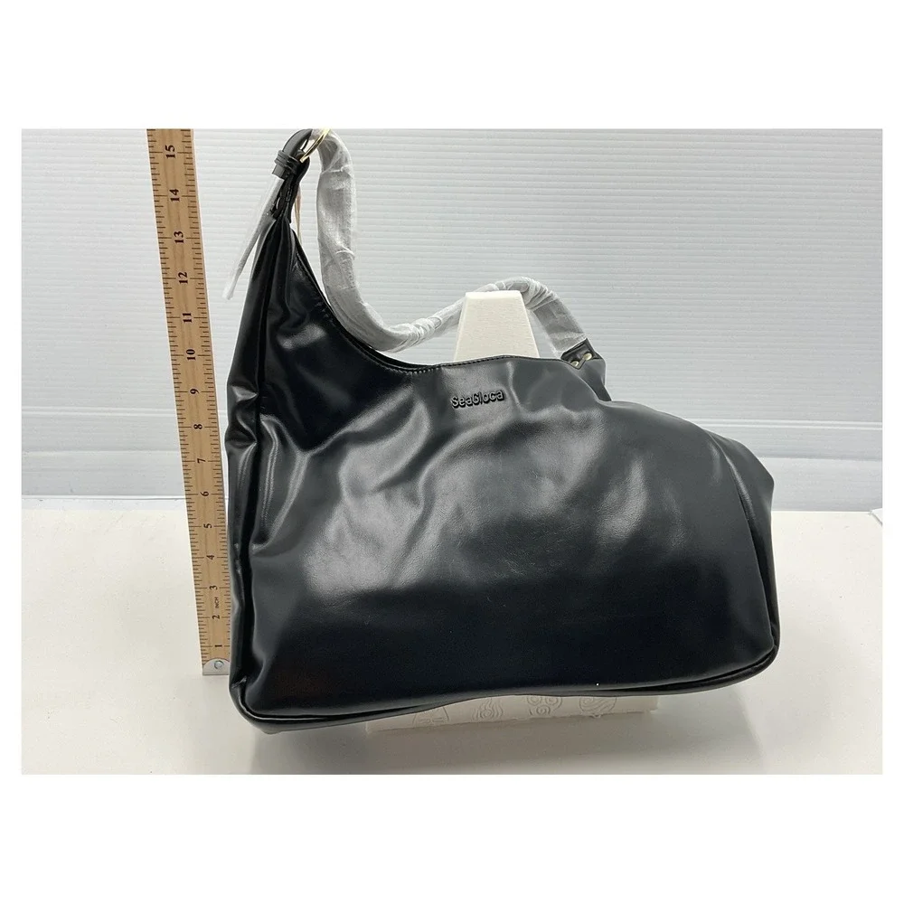 SeaGloca Black Faux Leather Hobo Shoulder Bag Large‎ NWT